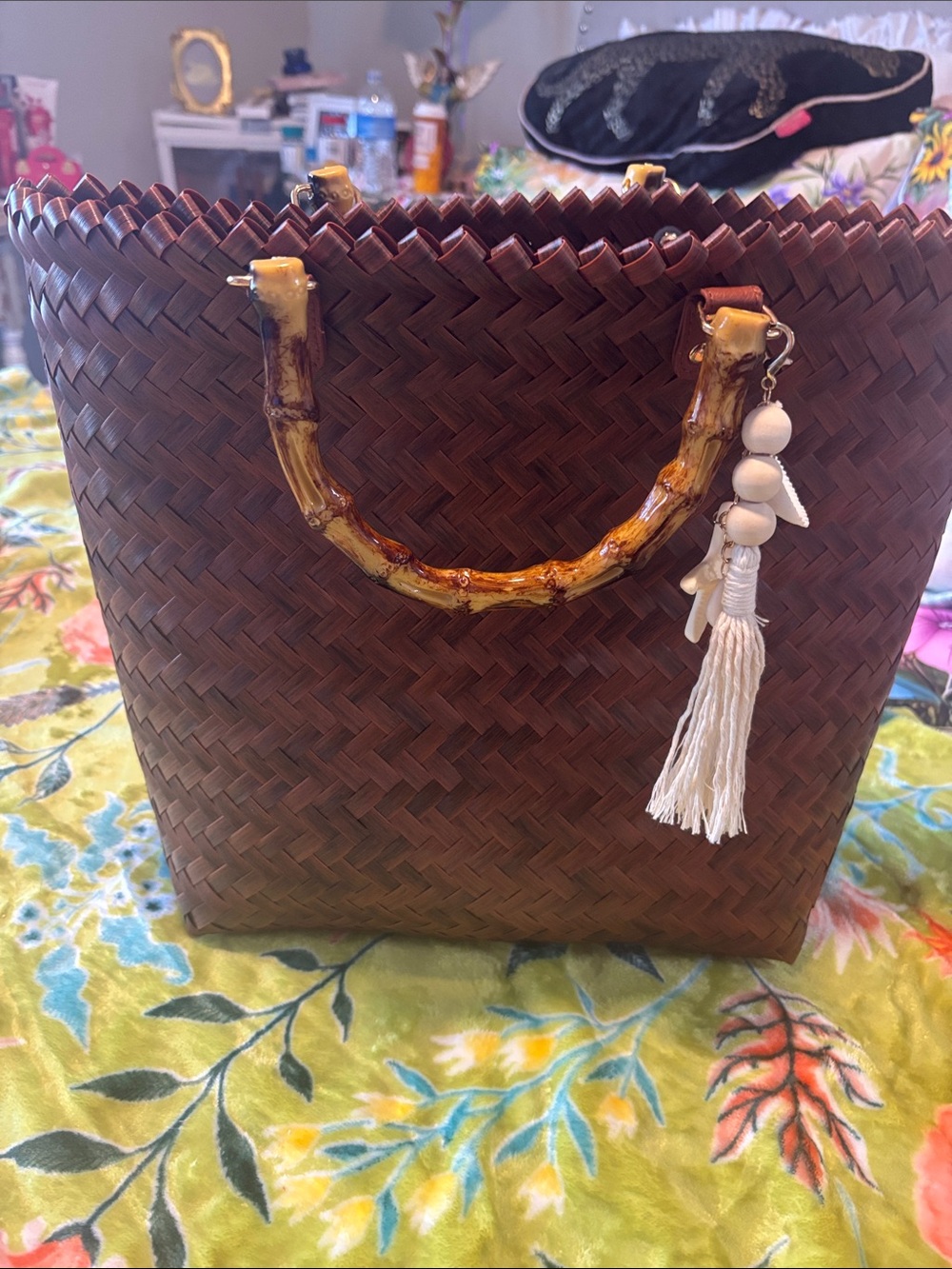 Tommy Bahama Brown Woven Tote with Bamboo Handles